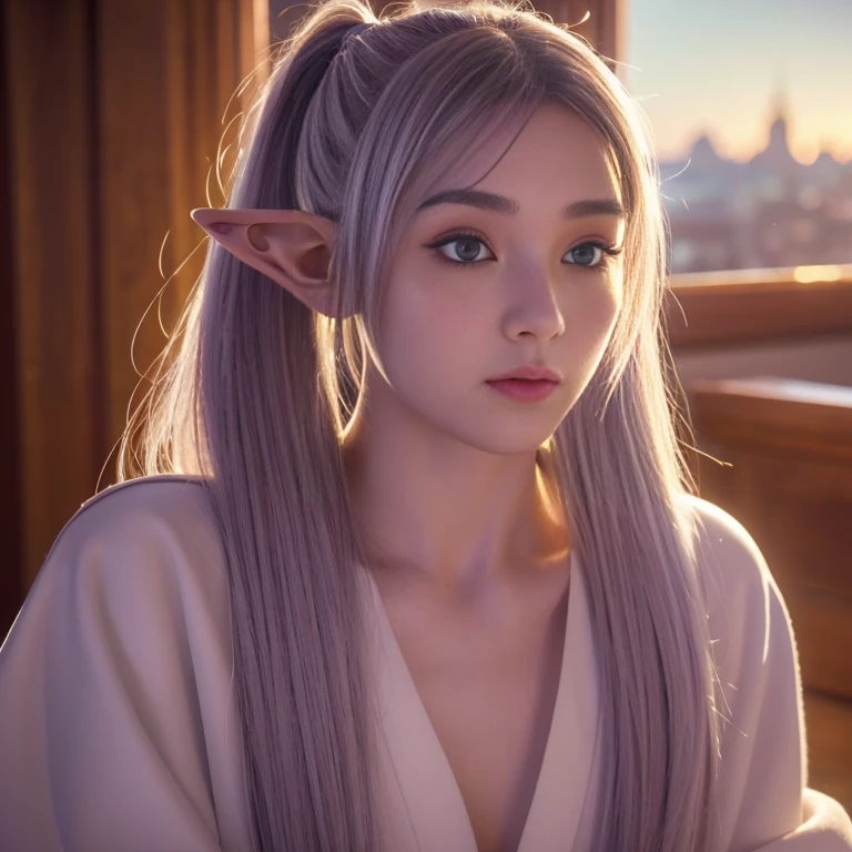 An elf girl,Double ponytail gray hair、white robe,beautiful,small breasts, visible nipples, green eyes,parted bangs,thick eyebrows,beautiful character design, official art,Extremely detailed CG unification, perfect lighting,rich and colorful , (the best_quality:1.0), 超high resolution,Super detailed, high resolution, lens flare, (beautiful_Face:1.5),the bestquality, ,Medieval cityscape