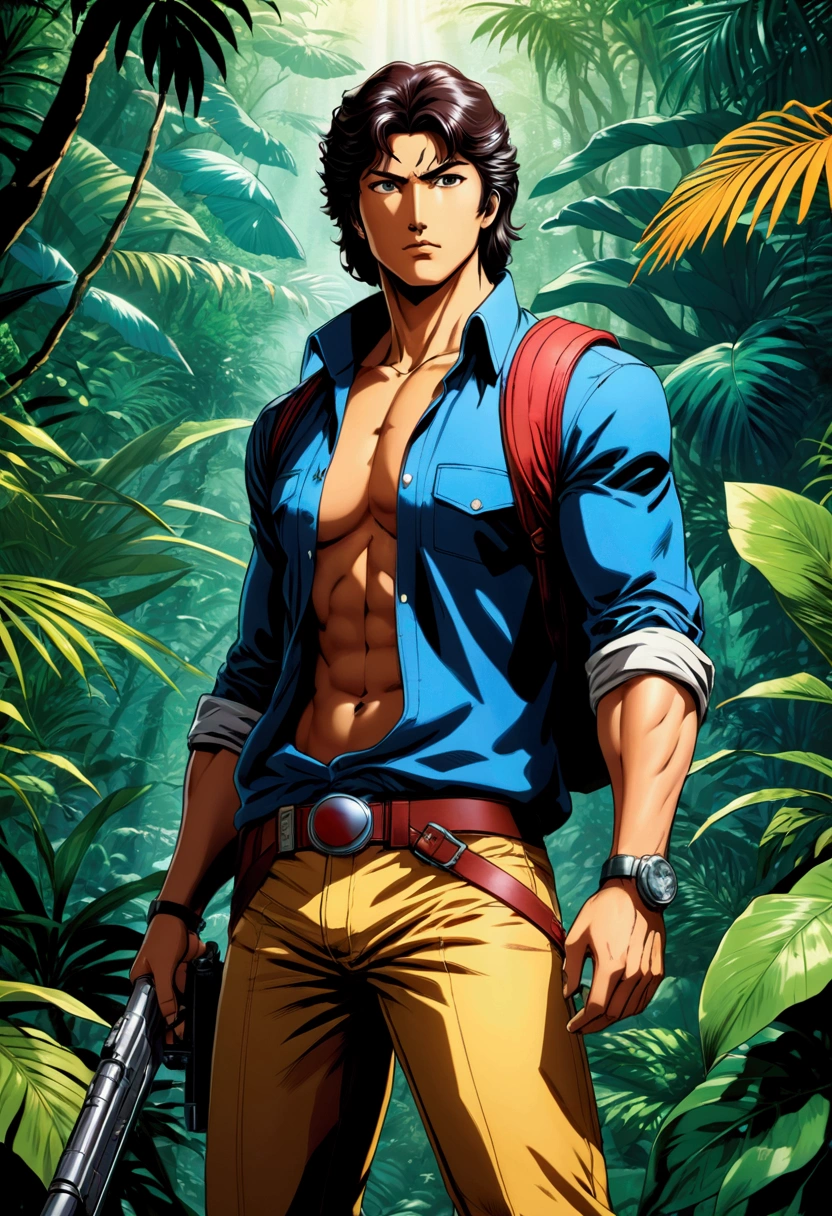 Jungle Adventurer, full body, by Hirohiko Araki, cinematic still, (best quality, masterpiece), very aesthetic, perfect composition, intricate details, ultra-detailed, vivid colors