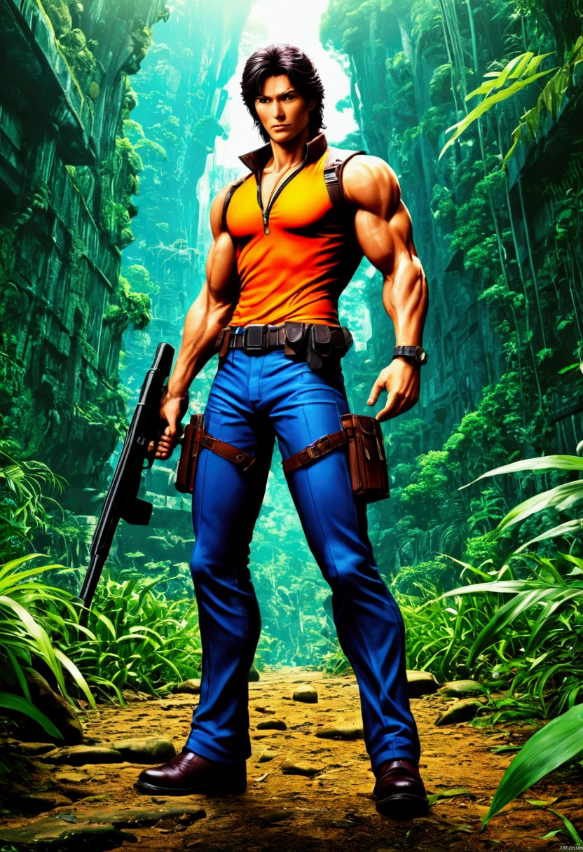 Jungle Adventurer, full body, by Tsukasa Hojo, Comic city hunter style, cinematic still, (best quality, masterpiece), very aesthetic, perfect composition, intricate details, ultra-detailed, vivid colors