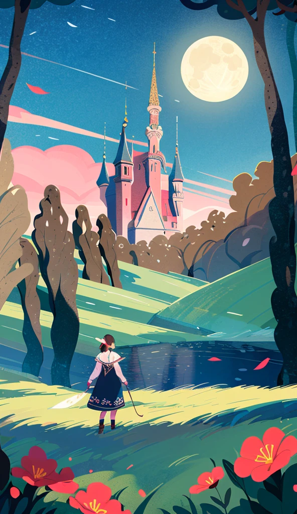 Princess, forest, night, fairy tale, outdoors, trees, moon, flowers, shadows, castle in the distance, distant mountains