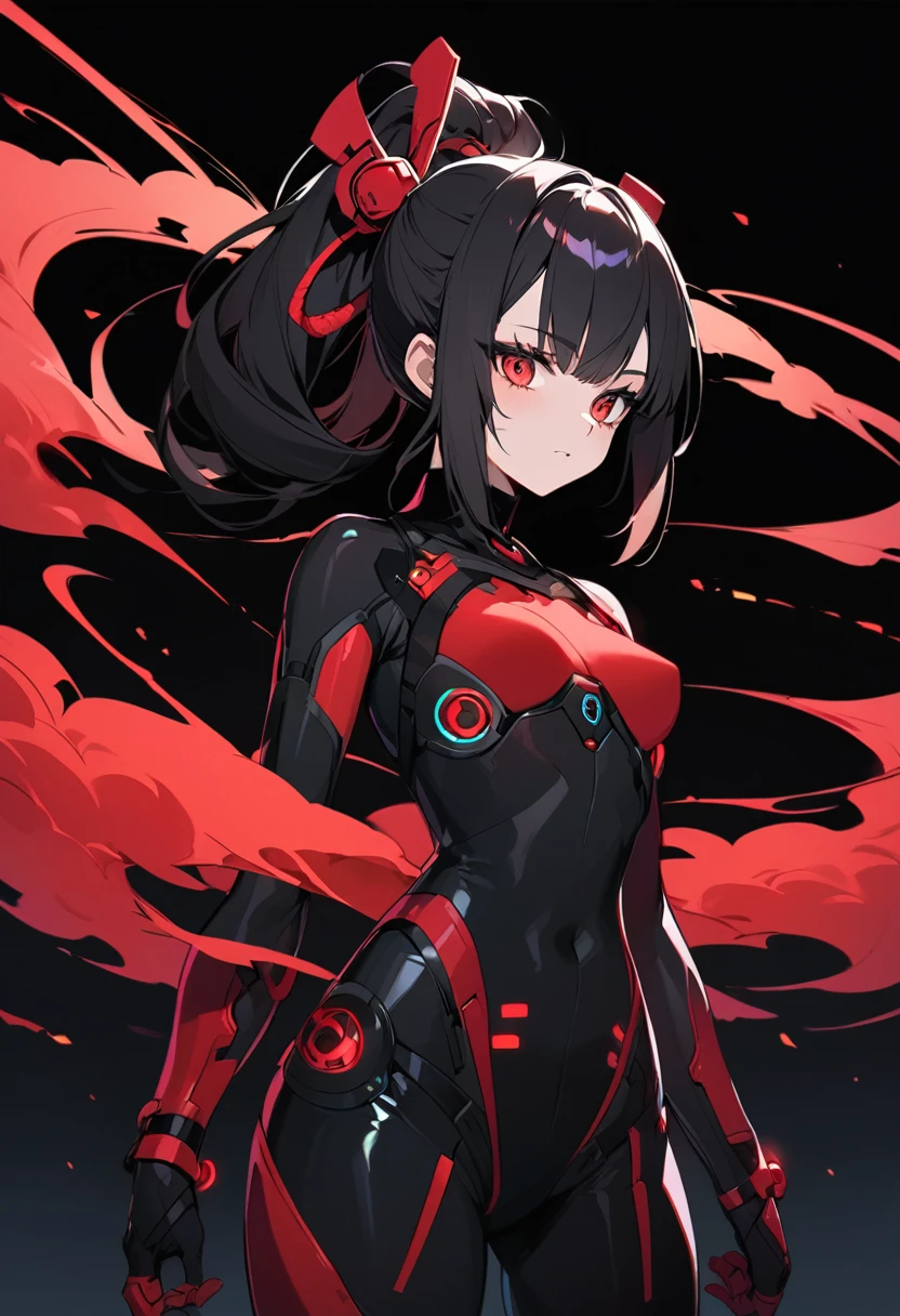 Girl with red cloud motif,Pitch black background,Japanese style cyber suit