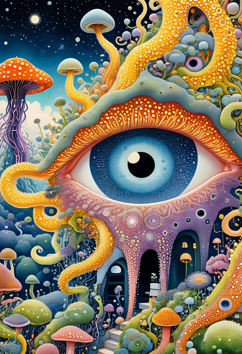 Strong visual fusion of multiple elements,Broto,来自Star的艺术家,house:1.37、Eye、Star、cloud、Spore powder、Tentacles,Describing the inner world of autistic people,密集Pointillism method。Smooth lines。Strange illustration。Pointillism method。Trypophobia。Strong contrast。Award-winning works。