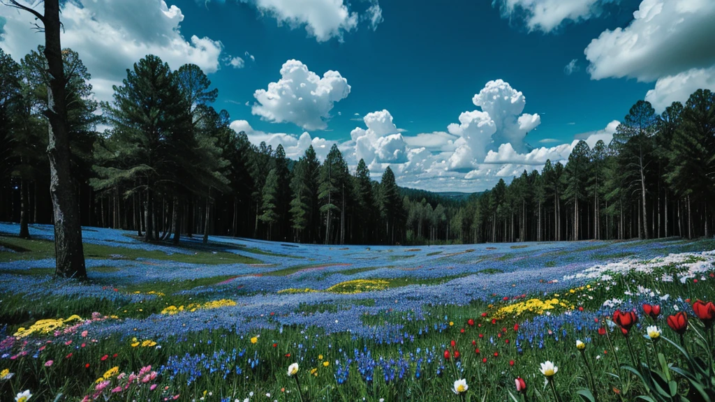 magic forest, flowers, blue sky, clouds