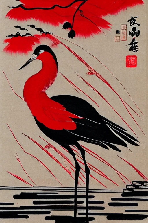 Shuǐmò huà, Ink Painting, black and red ink, a crane in Chinese style, ink art by MSchiffer, whimsical, rough sketch, sketch1.3
