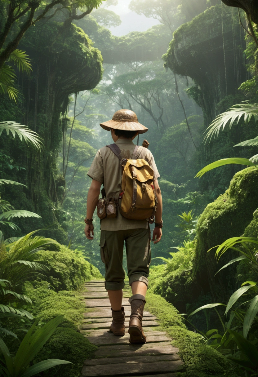 Jungle Adventurer, full body, by Yoshiyuki Sadamoto, cinematic still, (best quality, masterpiece), very aesthetic, perfect composition, intricate details, ultra-detailed, vivid colors