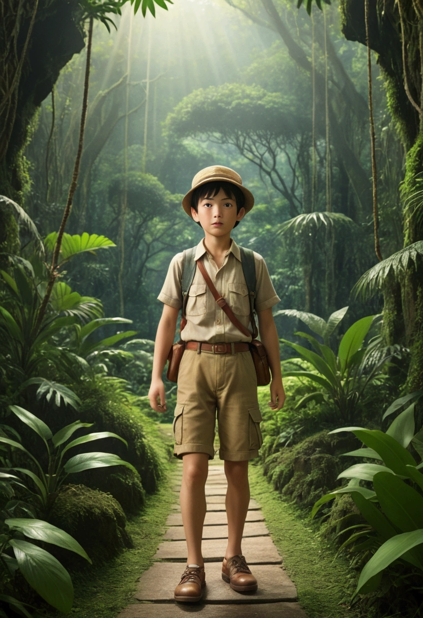 Jungle Adventurer, full body, by Hirohiko Araki, cinematic still, (best quality, masterpiece), very aesthetic, perfect composition, intricate details, ultra-detailed, vivid colors
