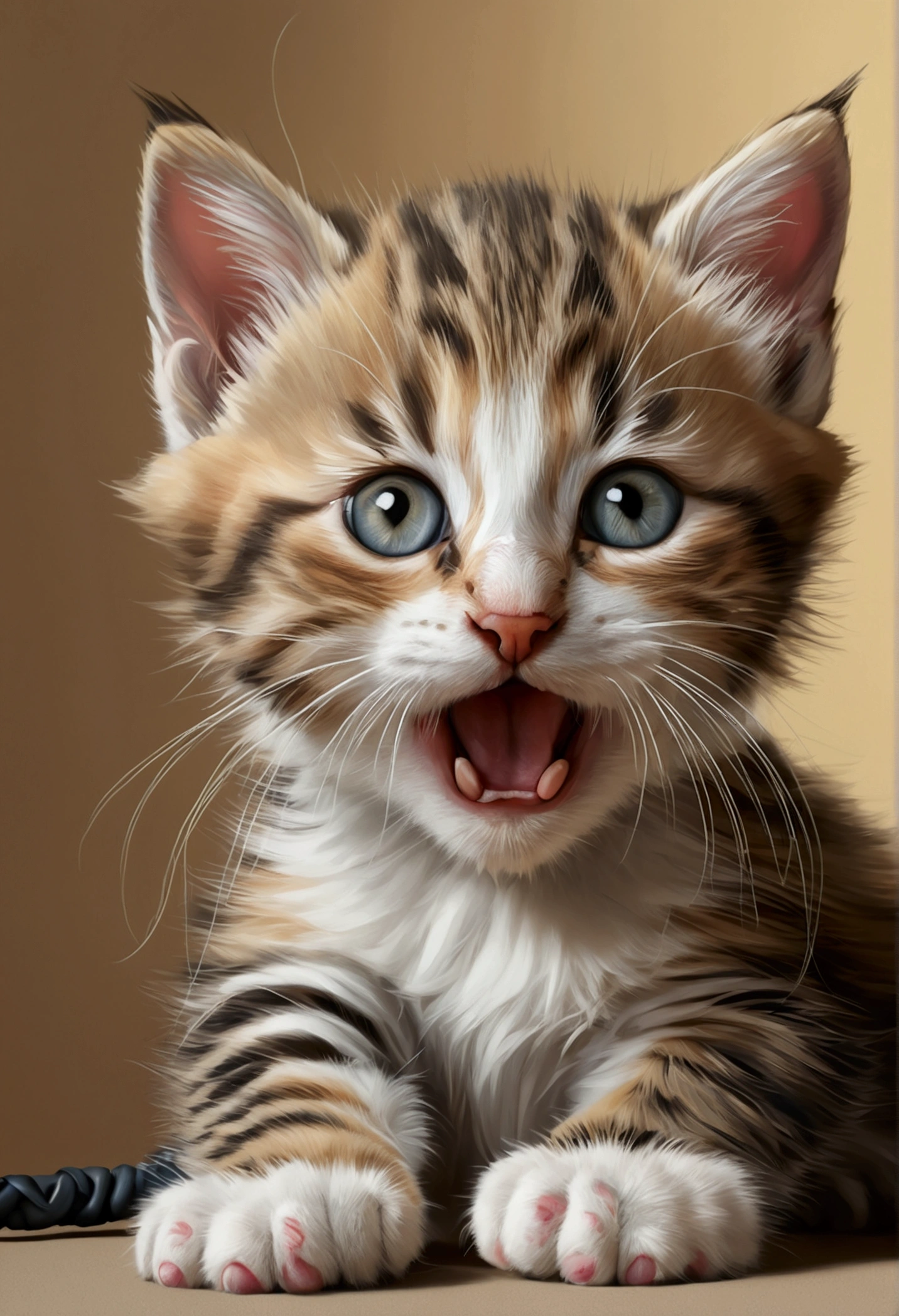 (Best Quality,4k,8k,High resolution,masterpiece:1.2),ultra detailed,(realist,photorealist,photo-realist:1.37),a cute kitten biting a disconnected cable, paw pads, expressive eyes, adorable mustaches, playful posture, artistic illustration of the cat, Subtle color palette, natural lighting.