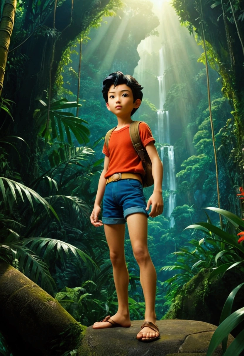 Jungle Adventurer, full body, by Hirohiko Araki, cinematic still, (best quality, masterpiece), very aesthetic, perfect composition, intricate details, ultra-detailed, vivid colors
