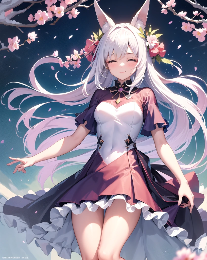 masterpiece, Highest quality, One personの女の子, Small breasts.Long hair in the snow, Wearing a dress, skirt, フレアskirt, smile, close your eyes, Anime Fantasy, Flowing white hair, Fantasy Anime,Bunny ears:1.5. Ethereal Anime, Beautiful anime art, Beautiful digital art, Anime Fantasyアートワーク, Anime Fantasyアートワーク, Sheet.One person, Dancing with age amid the falling blossoms,  like a maiden in the grass