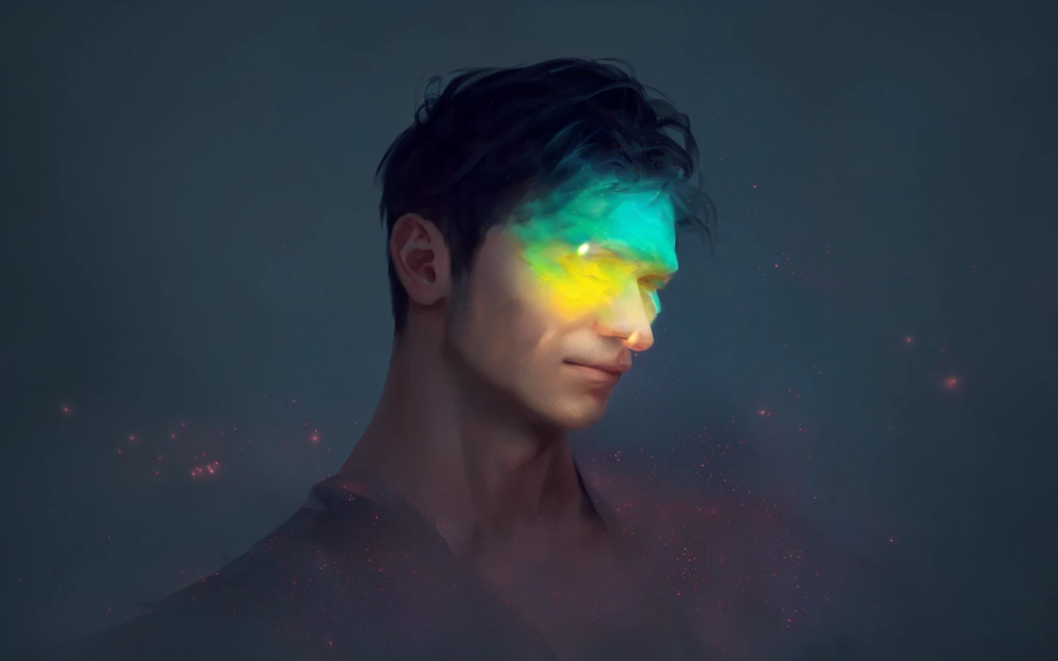 Generate a digital painting of a handsome, clean-shaven young man with prominent chest muscles, set in a mystical and ethereal environment. The scene is bathed in soft, magical light with a spectrum of rainbow colors illuminating his face, casting an enchanting glow on his features. The background features a dark, starry night sky with shimmering particles and distant, mystical landscapes. Include elements such as a gentle, glowing mist, floating lanterns, and subtle, ancient ruins partially covered in ivy. The overall atmosphere should evoke a sense of tranquility, mystery, and otherworldly beauty, with a focus on intricate details and a dreamlike quality.