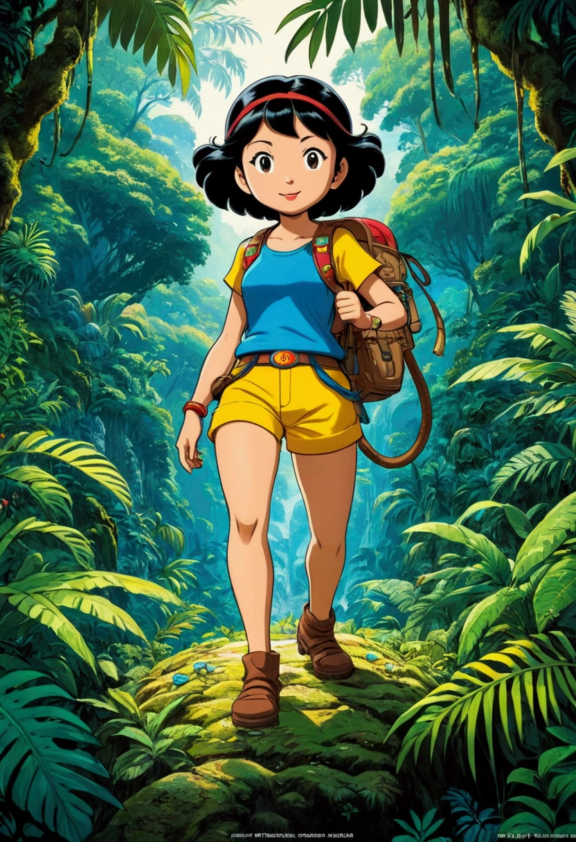 Jungle Adventurer, full body, by Fujiko F. Fujio, cinematic still, (best quality, masterpiece), very aesthetic, perfect composition, intricate details, ultra-detailed, vivid colors