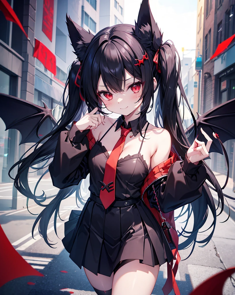 A succubus nekogirl, neko ears, demon tail, smiling with one kawaii Protruding canine as in anime, Horny face. Black hair, red eyes, beautifull , cute and sexy. Little black and red demon Wings.She wants me. Anime scenery.black with loose necktie and skirt. bare shoulders. She is 24 years old. She is pointing a gun to me in a random cinematic pose.