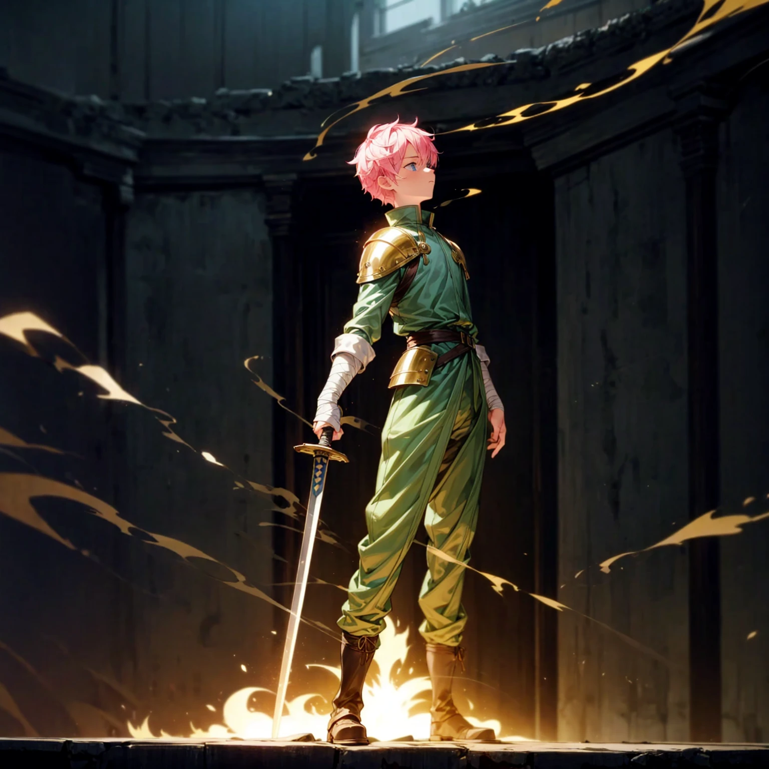 1boy, Full body version, 1character, blue eyes, sad eyes, short haircut, pink color hair, bandage on head, soldier style outfit, big armors, black Boots, Grassroots, full background indoor building, motion blur, (one piece style art), standing gesture, sword lighting gold in hand, fire effect on sword, smoke effect, fire effect in background, plasma effect, light fire, (high angle view, hd, masterpiece)