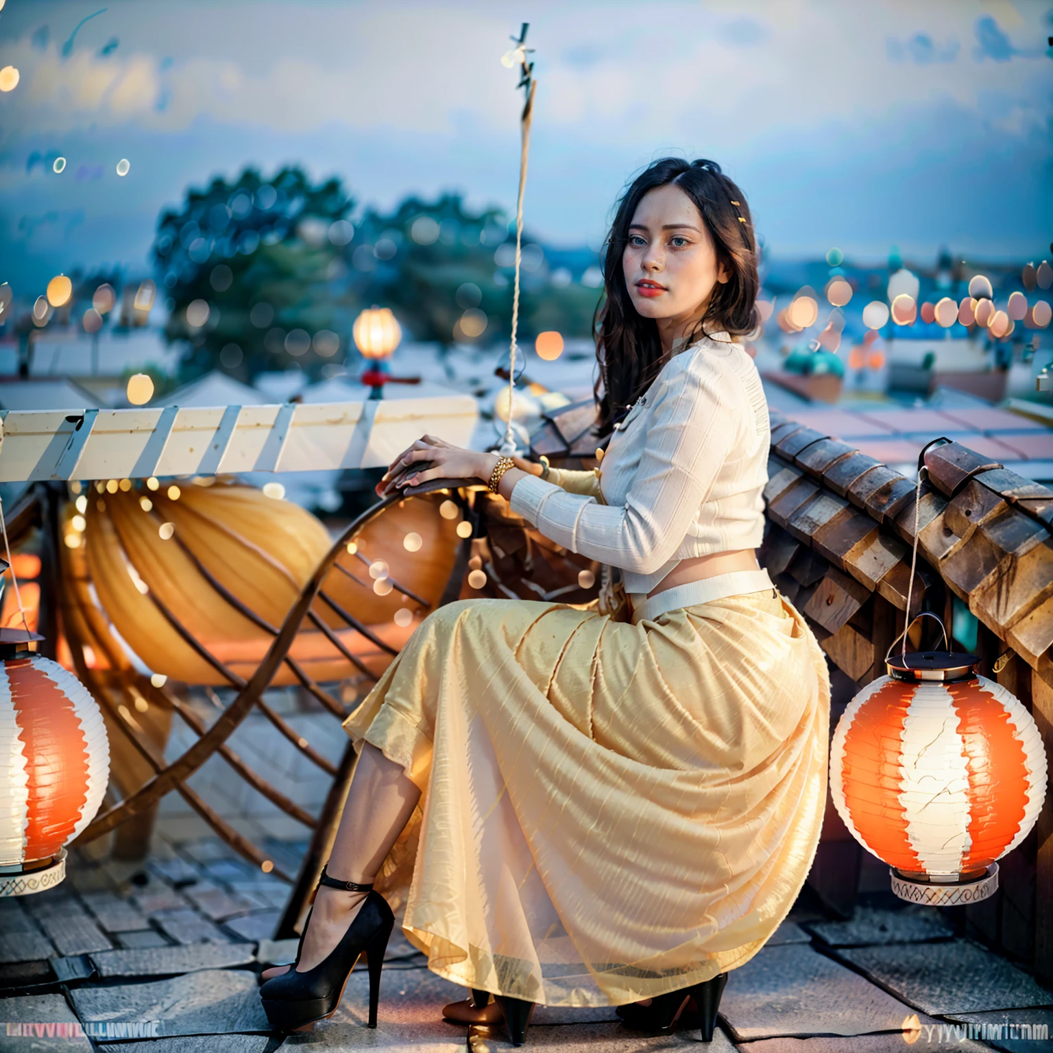 Burmese beautiful woman, 1 girl, solo, pretty lady MoonLay, innocent cute smile, red lips, (stylishly sitting on a stool and seductively gazing to the sky pose:1.5), smooth face skin, traditional beauty, cinematic portrait glow lighting, traditional dress, (white shirt:1.3), (red skirt:1.3), high heel, (full body view:2), (rooftop balcony with vibrant colorful hanging lanterns background:1.5), (cinematic bokeh blur background:1.5), (cinematic camera angle), cinematic lighting, perfect anatomy,