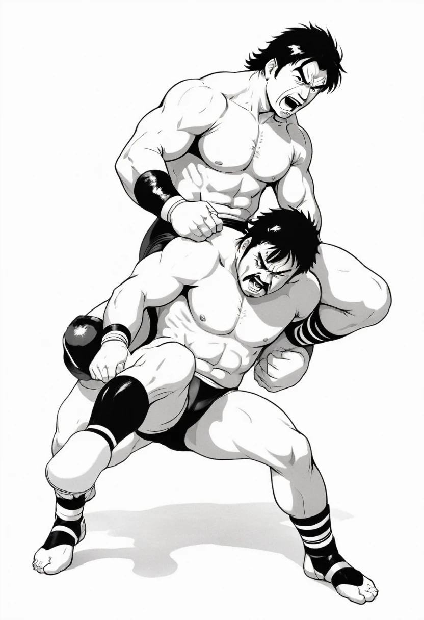 manga, monochrome, white background,  wrestler kicks middle-aged wrestler in the bladder,