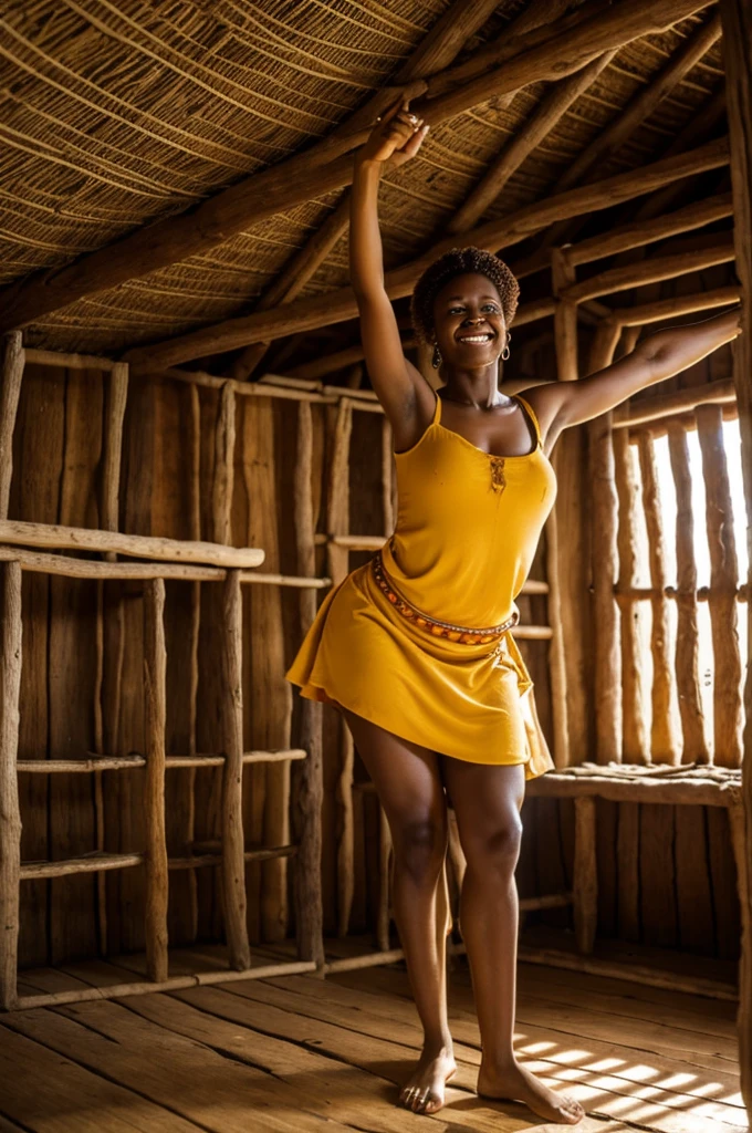 Un plat d'excréments dans une hutte africaine, une femme africaine prenant un morceau dansa main, des marmites de sauces à côté 