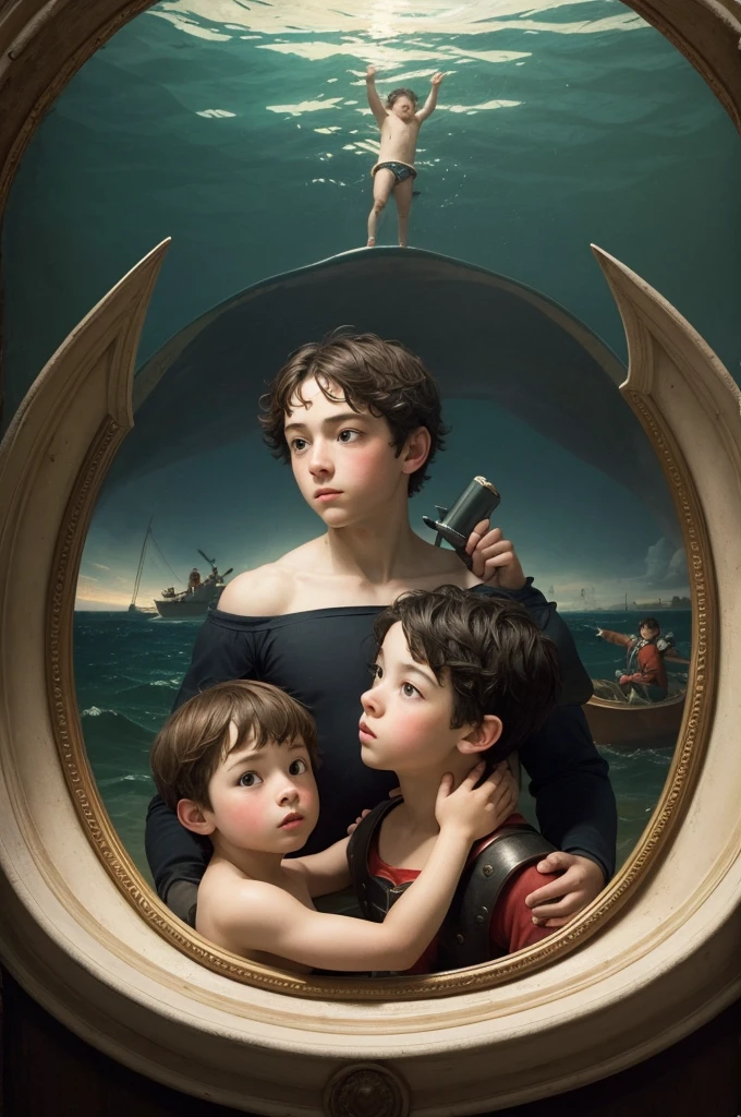 Create art that has a submarine and two boys. Make it like Renaissance art 