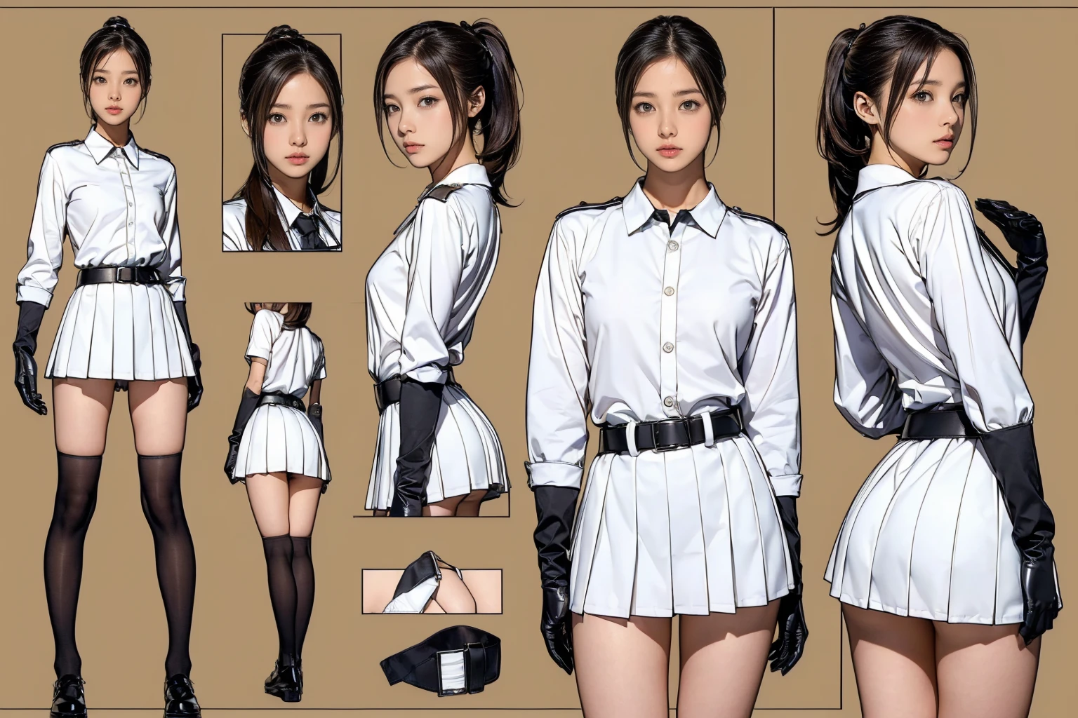 ((masterpiece)),(((Highest quality))),((Reference Sheet, Character Design, front, return, ~ ~ ~ side, Mr...々Hairstyle, Mr...々performance, Facial Expressions)), , Cute type, (Very slim:1.4), (Very small ass:1.4), Realistic buttocks, Big Breasts, Short Bob, Thin thighs, Long legs, It's not a big deal, ((gloves, uniform, Pretty miniskirt:1.2, White panties:1.2, army, army ,belt)), ((Browsing Caution:1.1))