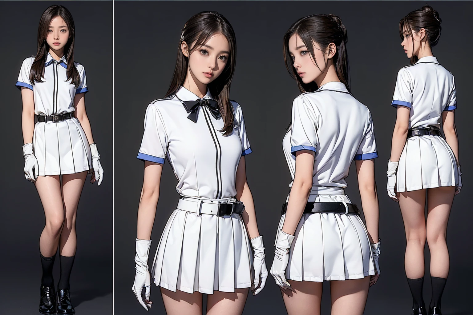 ((masterpiece)),(((Highest quality))),((Reference Sheet, Character Design, front, return, ~ ~ ~ side, Mr...々Hairstyle, Mr...々performance, Facial Expressions)), 14-year-old girl, Cute type, (Very slim:1.4), (Very small ass:1.4), Realistic buttocks, Big Breasts, Short Bob, Thin thighs, Long legs, It's not a big deal, ((gloves, uniform, Pretty miniskirt:1.2, White panties:1.2, army, army ,belt)), ((Browsing Caution:1.1))