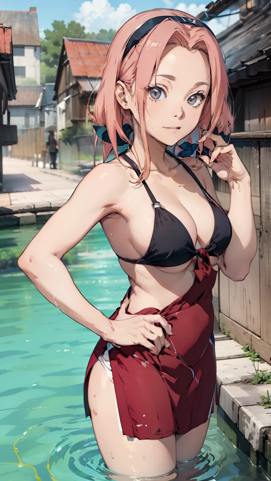 beautiful sakura haruno, with medium breast, lean body, wearing ruffled bikini, standing in water, looking at the viewers, seductive_pose, front view
