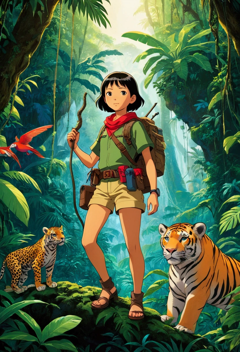 Jungle Adventurer, full body, by Hirohiko Araki, cinematic still, (best quality, masterpiece), very aesthetic, perfect composition, intricate details, ultra-detailed, vivid colors