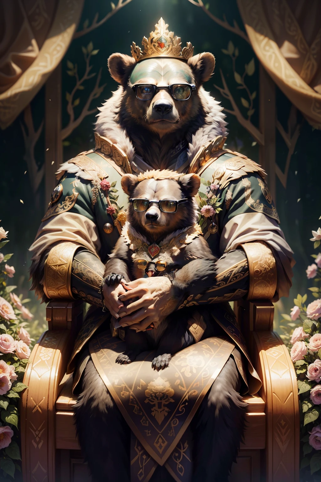 In the heart of a bygone era, a peculiar medieval crest emerges, meticulously crafted to represent the distinctive features of the spectacled bear. The central figure of the crest is a majestic spectacled bear, its eyes framed by a pair of quill-like spectacles, adding an enchanting touch of elegance and intelligence to its regal appearance. The bear is depicted sitting proudly upon a throne made of intertwined branches, surrounded by vibrant flowers blooming in various shades of green and gold.
Below the bear throne, the family's motto is inscribed in elegant calligraphy, "Unity in Strength," symbolizing the