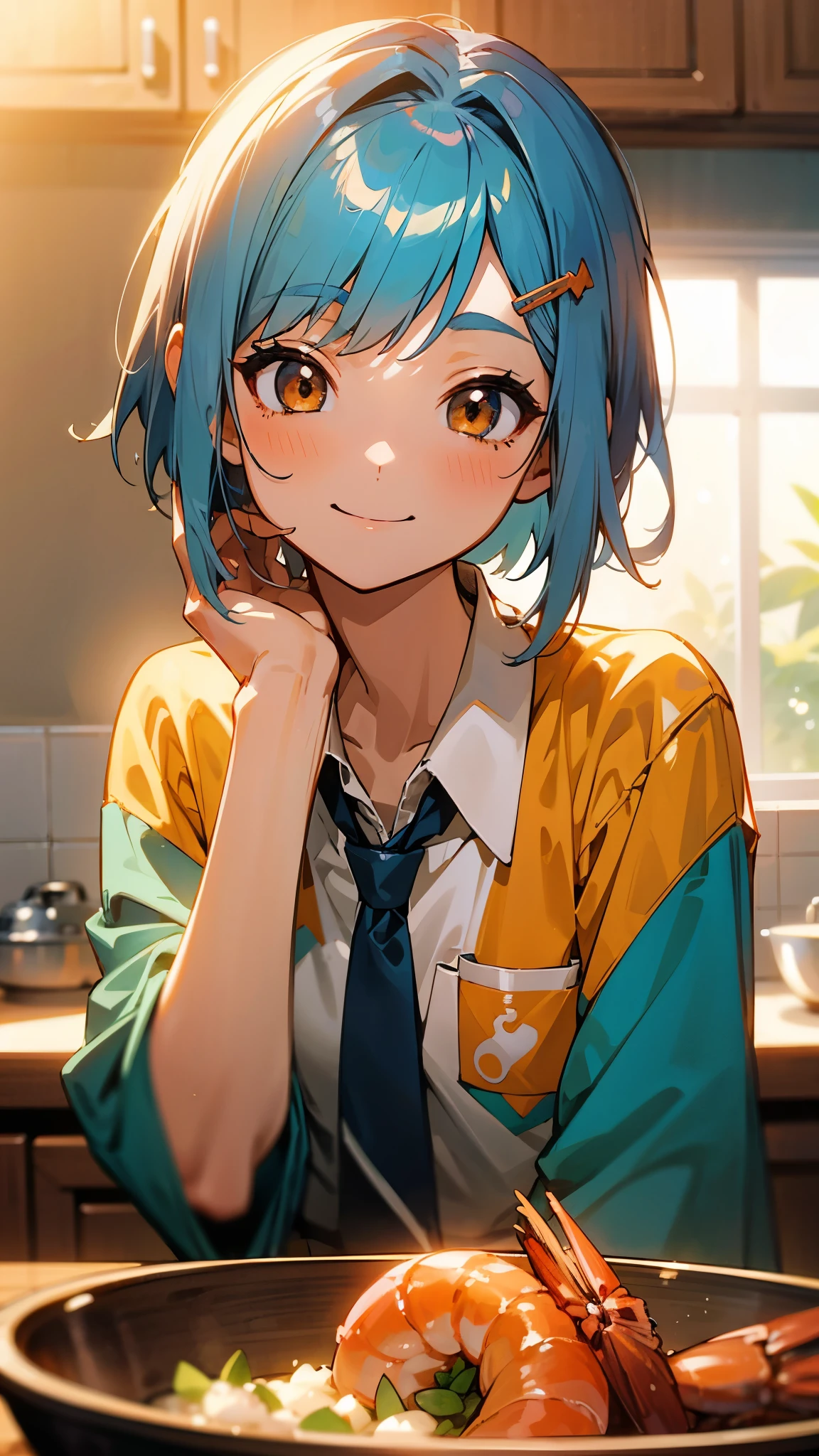 1 girl、Anime Images、kitchen、Delicious food、shrimp、Shiny light blue hair、Short Bob Hairstyles、Tie your hair with an orange hair clip、Beautiful brown eyes、smile、Upper body close-up、Sharp contours、Background Blur、Written boundary depth