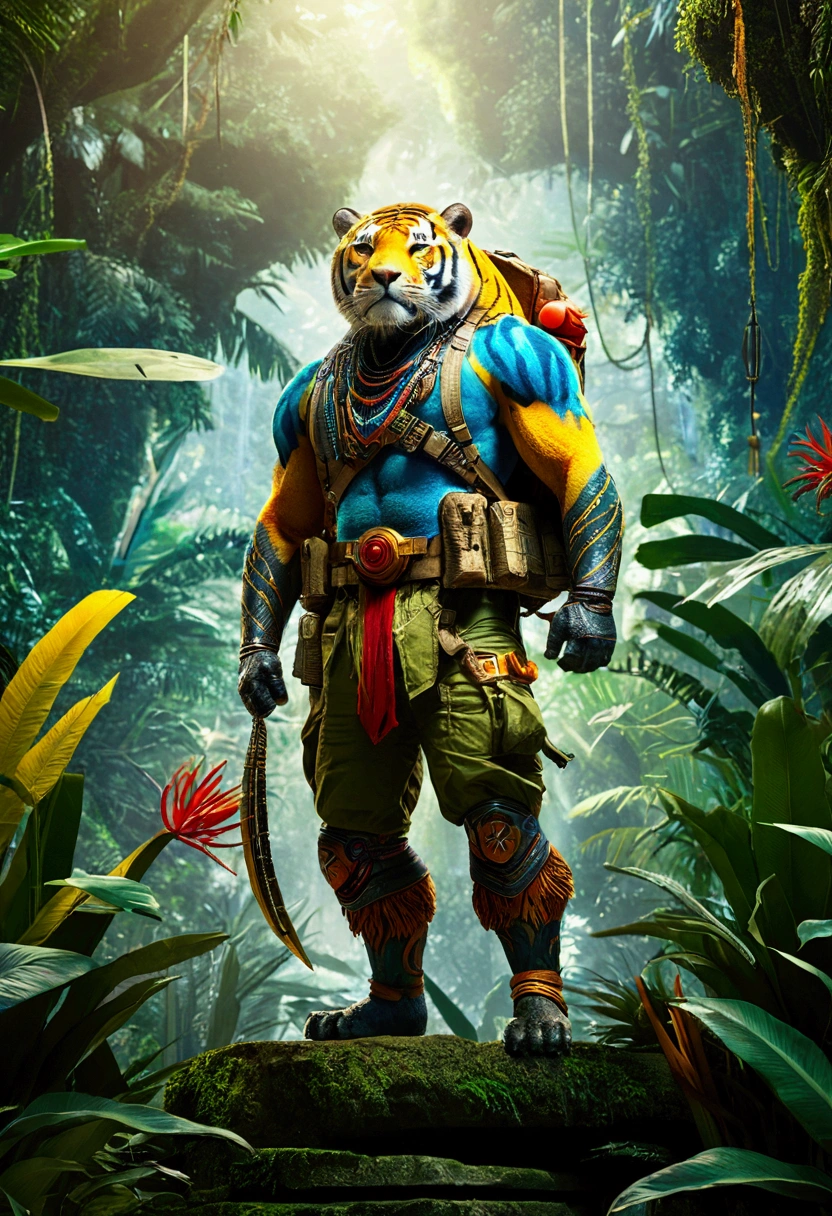 Jungle Adventurer, full body, by Hiromu Arakawa, cinematic still, (best quality, masterpiece), very aesthetic, perfect composition, intricate details, ultra-detailed, vivid colors