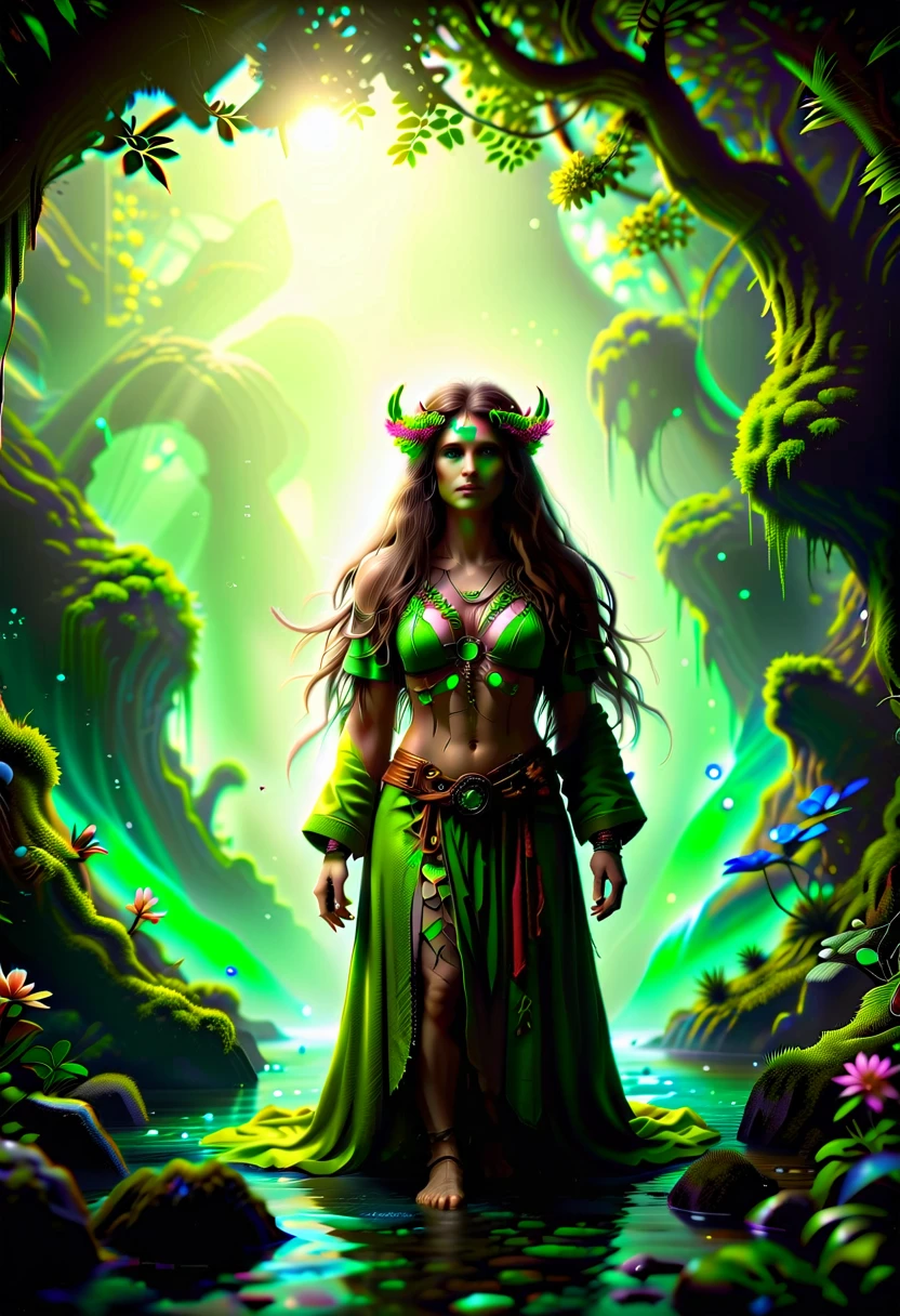  a picture of a druid in her jungle cove, an exotic, most beautiful human druid, priest of nature, warden of the wild of the jungle, full body, ((anatomically correct: 1.5)) long hair, wild hair, dynamic hair color, flowers and leaves in her hair, wearing a ((green robe: 1.3)), intricate robe, with flowers on it,  small cleavage, high boots, eyes glowing with magic, she protects her jungle grove, many old (cacao trees: 1.3), orchids trees, heliconia flowers, some wild life, a (stream of water: 1.3), fantasy art, vibrant, Ultra-high resolution, High Contrast, (masterpiece:1.5), highest quality, Best aesthetics), best details, best quality, highres, ultra wide angle, 16k, [ultra detailed], masterpiece, best quality, (extremely detailed) RAW, GlowingRunes_green DruidMagicAI