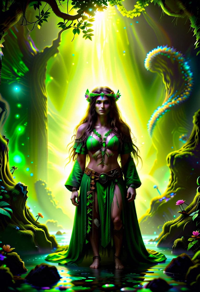  a picture of a druid in her jungle cove, an exotic, most beautiful human druid, priest of nature, warden of the wild of the jungle, full body, ((anatomically correct: 1.5)) long hair, wild hair, dynamic hair color, flowers and leaves in her hair, wearing a ((green robe: 1.3)), intricate robe, with flowers on it,  small cleavage, high boots, eyes glowing with magic, she protects her jungle grove, many old (cacao trees: 1.3), orchids trees, heliconia flowers, some wild life, a (stream of water: 1.3), fantasy art, vibrant, Ultra-high resolution, High Contrast, (masterpiece:1.5), highest quality, Best aesthetics), best details, best quality, highres, ultra wide angle, 16k, [ultra detailed], masterpiece, best quality, (extremely detailed) RAW, GlowingRunes_green DruidMagicAI