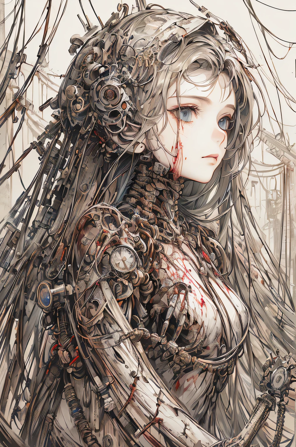 (masterpiece, Highest quality, Highest quality, Official Art, beautifully、aesthetic:1.2), (One girl:1.3), Very detailed,colorful,Most detailed ((Very detailed)), (Highly detailed CG illustrations), ((Very delicate and beautiful)),(From the side),Cinematic Light,((1. Machine Girl)),alone,whole body,(Machine made joints:1.2),((Mechanical limbs)),(Blood vessels connected to tubes),(Mechanical vertebrae attached to the back),((Cervical vertebrae mechanically attached to the neck)),(Sitting),Expressionless,(Wires and cables around the neck:1.2),(Overhead wires and cables:1.2)(Character Focus),sf,White Background,(Blood:1.5)((Half of the body is mechanical))
