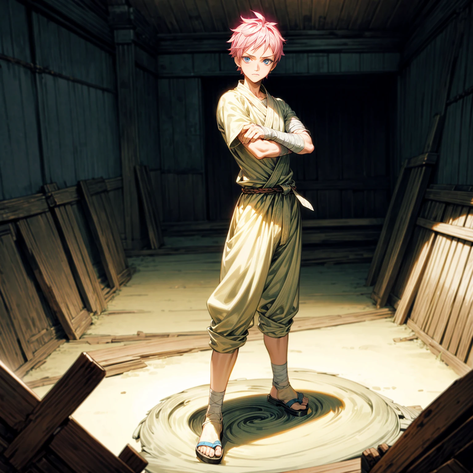 1boy, Full body version, 1character, blue eyes, sad eyes, short haircut, pink color hair, bandage on head, soldier style outfit, big armors, black Boots, Grassroots, full background indoor building, motion blur, (one piece style art), standing gesture,