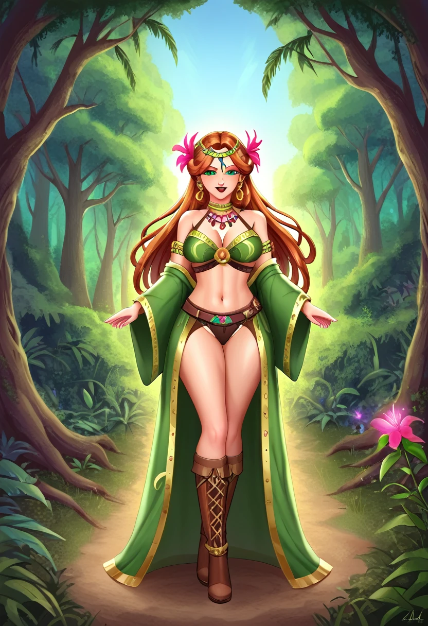 a picture of a druid in her jungle cove, an exotic, most beautiful human druid, priest of nature, warden of the wild of the jungle, full body, ((anatomically correct: 1.5)) long hair, wild hair, dynamic hair color, flowers and leaves in her hair, wearing a ((green robe: 1.3)), intricate robe, with flowers on it,  small cleavage, high boots, eyes glowing with magic, she protects her jungle grove, many old (cacao trees: 1.3), orchids trees, heliconia flowers, some wild life, a (stream of water: 1.3), fantasy art, vibrant, Ultra-high resolution, High Contrast, (masterpiece:1.5), highest quality, Best aesthetics), best details, best quality, highres, ultra wide angle, 16k, [ultra detailed], masterpiece, best quality, (extremely detailed) RAW, GlowingRunes_green DruidMagicAI