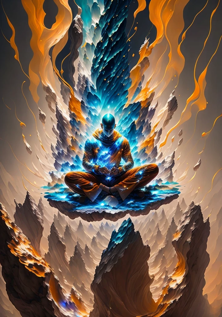 Man awake with bald monk head sitting in the world of the 5th dimension, escalando o asteroide, character render, ultra high quality model, ethereal background, beleza abstrata, explosive volumetric, oil painting, heavy strokes, gotejamento de tinta, 1 Homem, magic lighting, lighting lighting, ((Bald Head Monk)), ((Hands on chin mudra)),