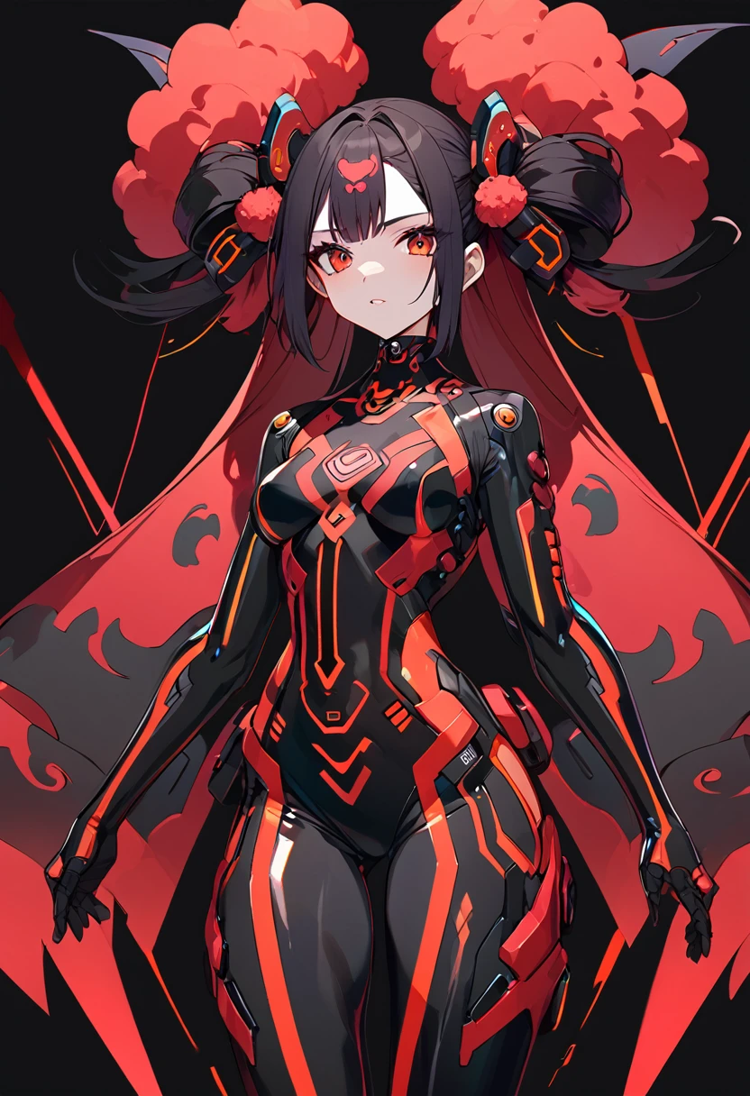Girl with red cloud motif,Pitch black background,Japanese style cyber suit