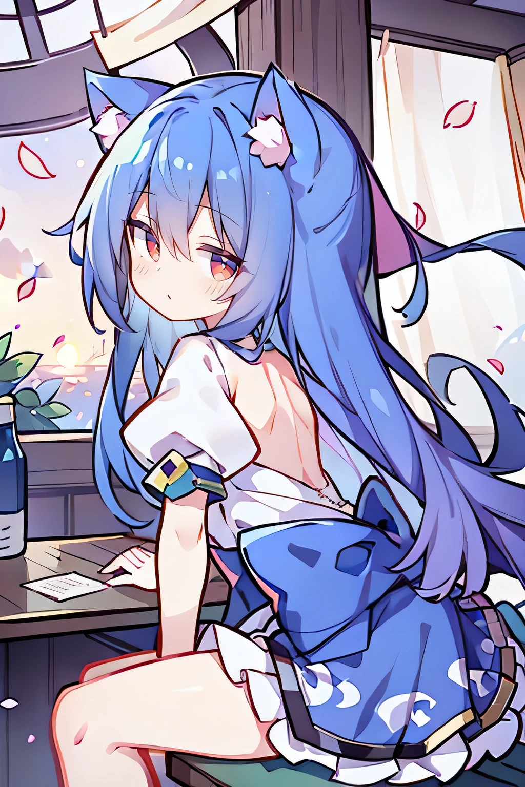 (masterpiece:1.2),Super detailed,lifelike,Expressive eyes,fair skin,perfect face shape,1 girl,
Japanese comics,Gorgeous blue hair,flowing blue hair,flowing clothes,Cat ears,Petals fall,beautiful lola,Baby Angel,
Shaking head with one hand,Cross your legs,,The pavilion is cool and comfortable,smile,back views,sunrise,Petals fall