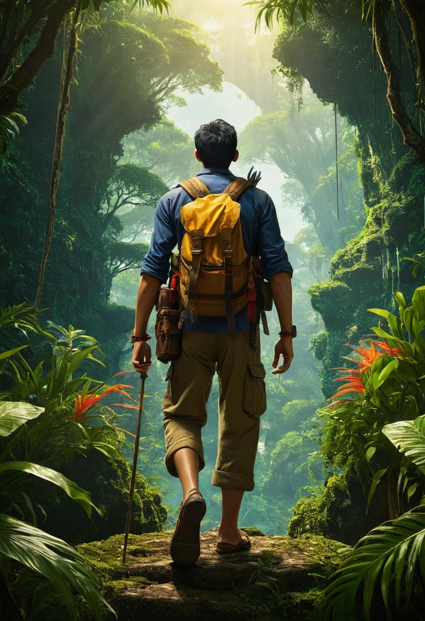 Jungle Adventurer, full body, by Gosho Aoyama, cinematic still, (best quality, masterpiece), very aesthetic, perfect composition, intricate details, ultra-detailed, vivid colors