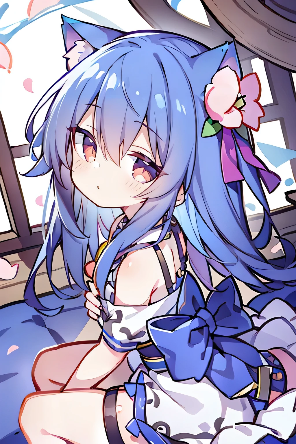 （masterpiece：1.2），Super detailed，lifelike，Expressive eyes，fair skin，perfect face shape，1 girl，
Japanese comics,Gorgeous blue hair,flowing blue hair,flowing clothes,Cat ears,Petals fall,beautiful lola,Baby Angel,
Shaking head with one hand，Cross your legs，，The pavilion is cool and comfortable,smile,back views,sunrise,Petals fall