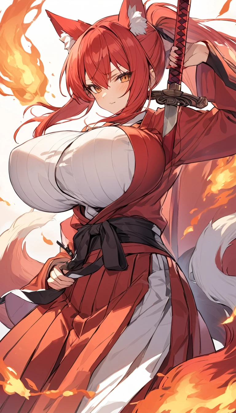 Long red ponytail Red fox ears and nine fox tails Very large bust Hakama with a red jacket Sword Flames Older sister