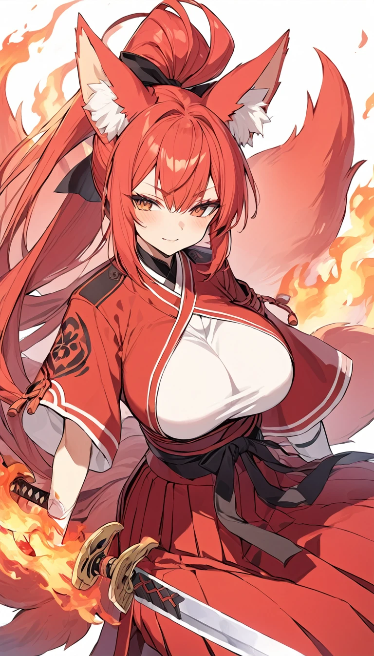 Long red ponytail Red fox ears and nine fox tails Very large bust Hakama with a red jacket Sword Flames Older sister