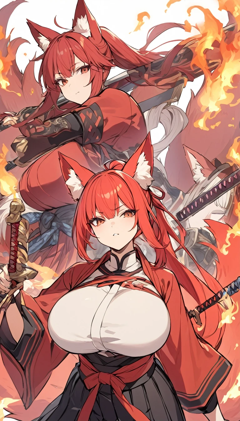 Long red ponytail Red fox ears and nine fox tails Very large bust Hakama with a red jacket Sword Flames Older sister
