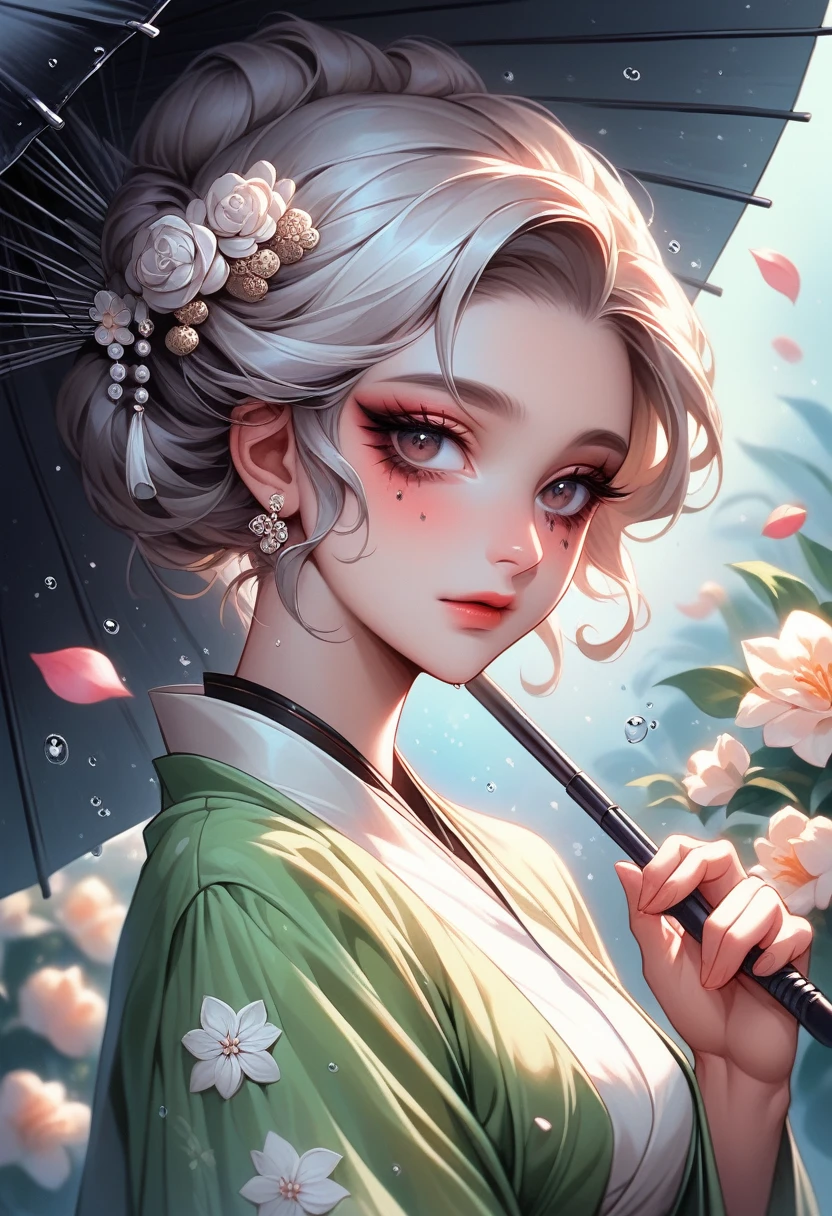 1 female character,Wearing traditional clothes,Wearing a light green robe with intricate patterns and beads,Elegant,Her hair was styled into an intricate bun adorned with a few white flowers and some silver hair accessories.,It adds a bit of mystery,Exquisite makeup,Dark eye makeup,The lip color is light red,Quite a classic。Holding what appears to be a black umbrella with a white pattern,Coordinate with the overall shape。Gentle attitude,Slightly bow your head,Looking intently at the umbrella in his hand,As if in deep thought or admiring the pattern on the umbrella。Surrounded by some transparent objects,Maybe petals or water drops,Adds a dreamy atmosphere to the whole picture,Second dimension style,Best quality,masterpiece