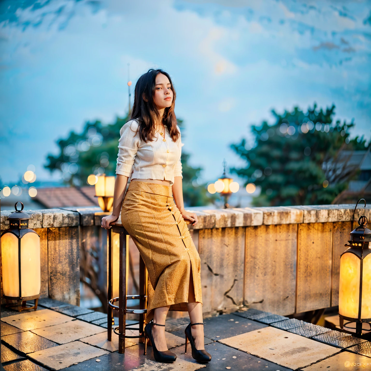 Burmese beautiful woman, 1 girl, solo, pretty lady MoonLay, innocent cute smile, red lips, (stylishly sitting on a stool and seductively gazing to the sky pose:1.5), smooth face skin, traditional beauty, cinematic portrait glow lighting, traditional dress, (white shirt:1.3), (red skirt:1.3), high heel, (full body view:2), (rooftop balcony with vibrant colorful hanging lanterns background:1.5), (cinematic bokeh blur background:1.5), (cinematic camera angle), cinematic lighting, perfect anatomy,