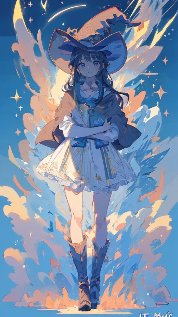 ((magic使いの女の子:1.5)), Full Body Shot,Perfect Face, Beautiful Face, Highly detailed face,(Long Hair:1.3),(Witch Hat:1.3),boots,Witch's broom,magicの杖,book of magic,Night Sky,たくさんのstar,Sparkling,Light,smile,magic,Shine,月Light,starの粒,star々,Sparkling,流れstar