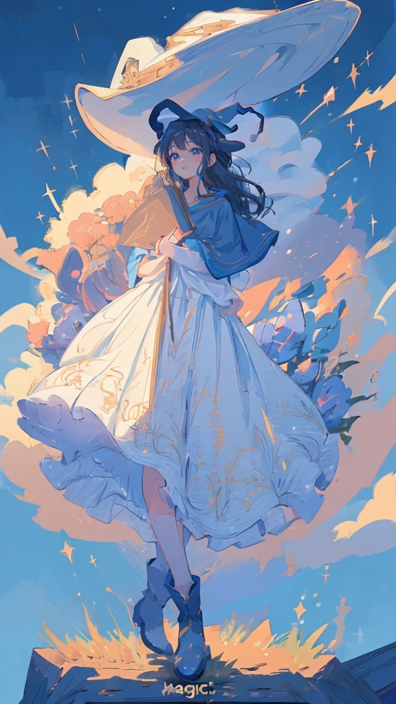 ((magic使いの女の子:1.5)), Full Body Shot,Perfect Face, Beautiful Face, Highly detailed face,(Long Hair:1.3),(Witch Hat:1.3),boots,Witch's broom,magicの杖,book of magic,Night Sky,たくさんのstar,Sparkling,Light,smile,magic,Shine,月Light,starの粒,star々,Sparkling,流れstar