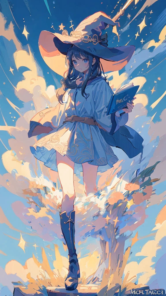 ((magic使いの女の子:1.5)), Full Body Shot,Perfect Face, Beautiful Face, Highly detailed face,(Long Hair:1.3),(Witch Hat:1.3),boots,Witch's broom,magicの杖,book of magic,Night Sky,たくさんのstar,Sparkling,Light,smile,magic,Shine,月Light,starの粒,star々,Sparkling,流れstar