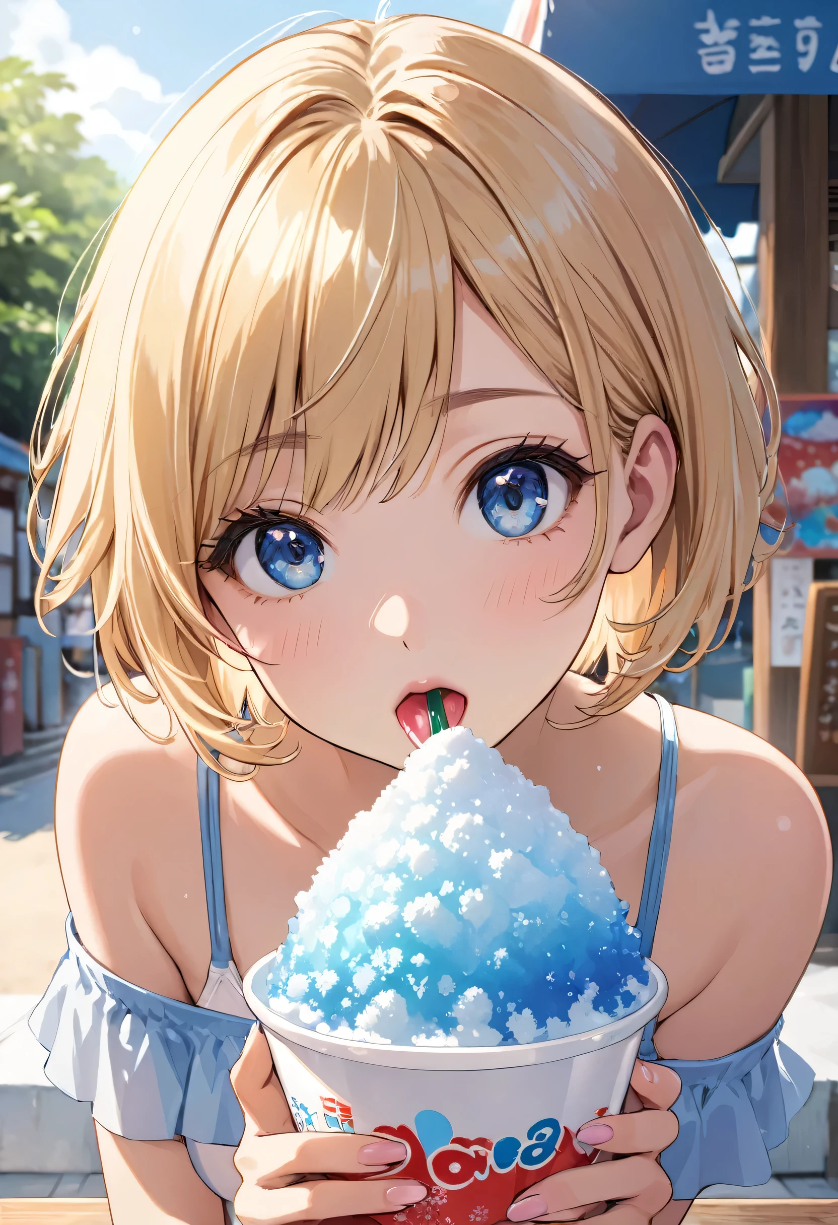 One girl, blonde short hair, wearing a swimsuit and eating Japanese shaved ice, shaved ice, shaved ice with syrup,(((masterpiece))), (((best quality))), ((ultra-detailed)), (illustration), (detailed light),((an extremely delicate and beautiful)),(beautiful detailed eyes),