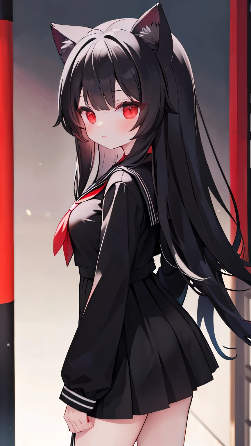 Black long hair，Cat Ear Girl，Red Eyes，Somewhere outdoors，Black short-sleeved red-patterned sailor suit，miniskirt，Medium to large breasts，Place your hands in the middle，Long legs，