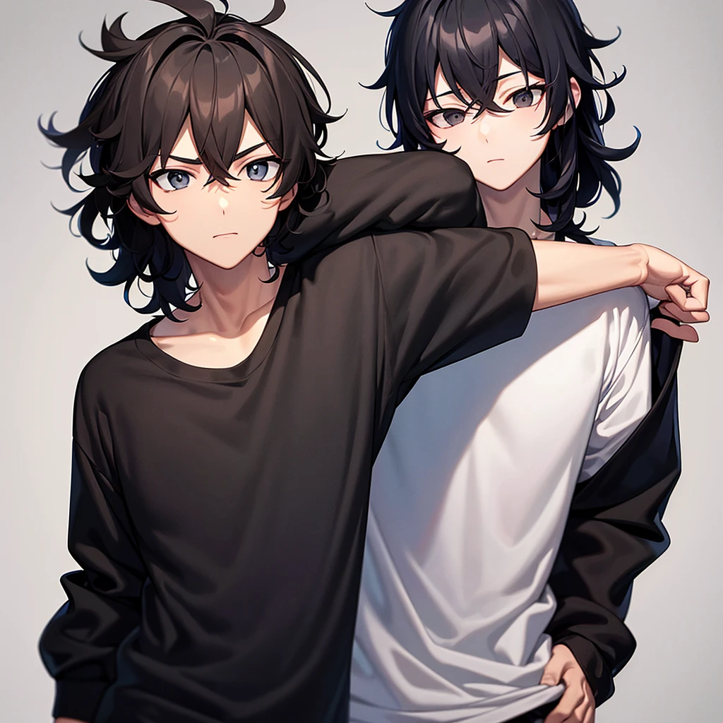 Guy in a T-shirt "versoTrouble" in anime style;black curly hair;grey eyes;White background