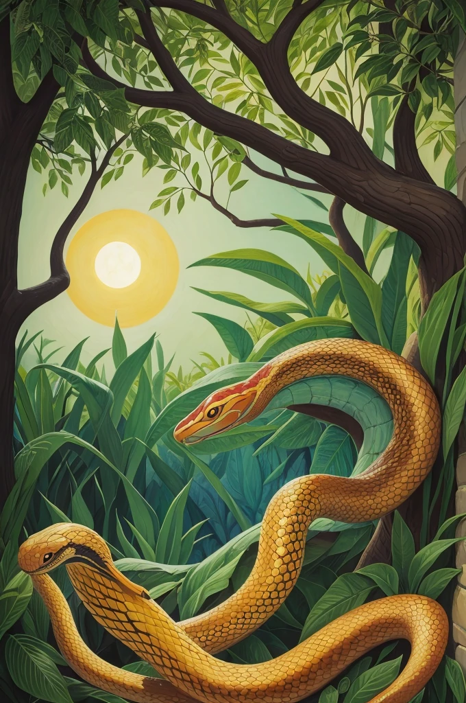painting of a snake on a tree with a sun and a sky background, a portrait inspired by Henri Rousseau, cg society contest winner, symbolism, symbolic mural, snake art, wall painting, mural, mural art, portrait of a sacred serpent, an amalgamation of a snake, painted on a giant wall, wall mural, serpent, tentacles climb from the portal